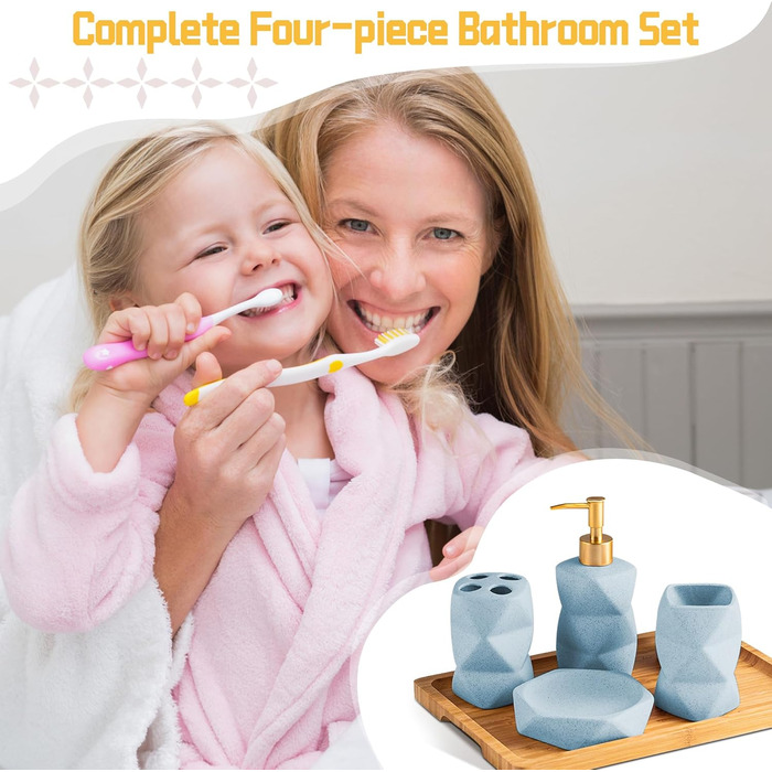 Bathroom Accessories Set, Blue Bathroom Accessories Set, Soap Dispenser, Toothbrush Holder, Cup, Soap Dish, Modern, Elegant, Bathroom Organizer, Ceramic Bathroom Decor Set (Blue)