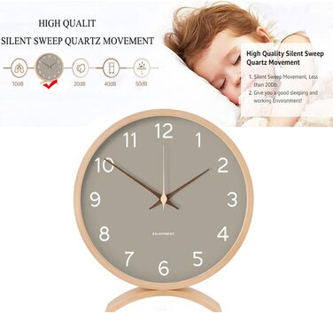 Maxspace Table Clock Analog, 21cm Wood Battery-Powered, Silent (No Ticking) for Bedroom Office Living Room Decor Modern