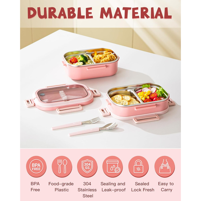 Ланчбокс Lille Home з 2 ярусами, 4 відділення, 1650 мл, з посудом, BPA-free, не протікає (Зелений) (Рожевий)