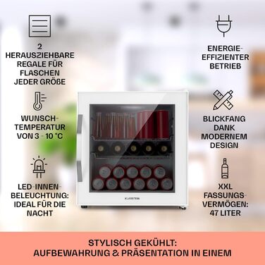 Міні-холодильник Klarstein з скляними дверцятами, для кімнати, барний холодильник з регульованими полицями, компактний, для дому/на вулицю, тихий (47 л, білий)