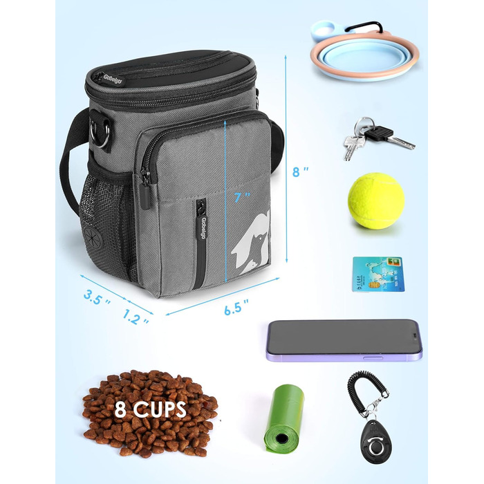 Набір для прогулянки з собакою: ласощі Hundeleckerlis, кликер для тренувань, поясна сумка з дозатором кульок для прибирання (сірий/чорний)