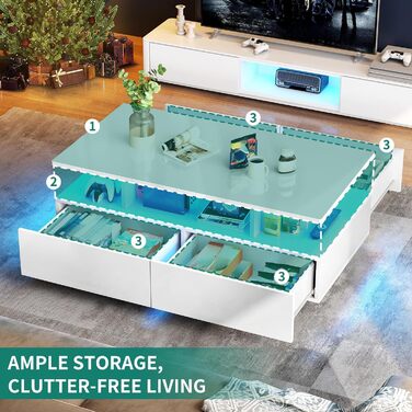 Журнальний стіл YITAHOME білий, глянець, з LED-підсвіткою 16 кольорів, сучасний стіл для вітальні з відкритою полицею і 4 висувними шухлядами, 90x55x41,1 см