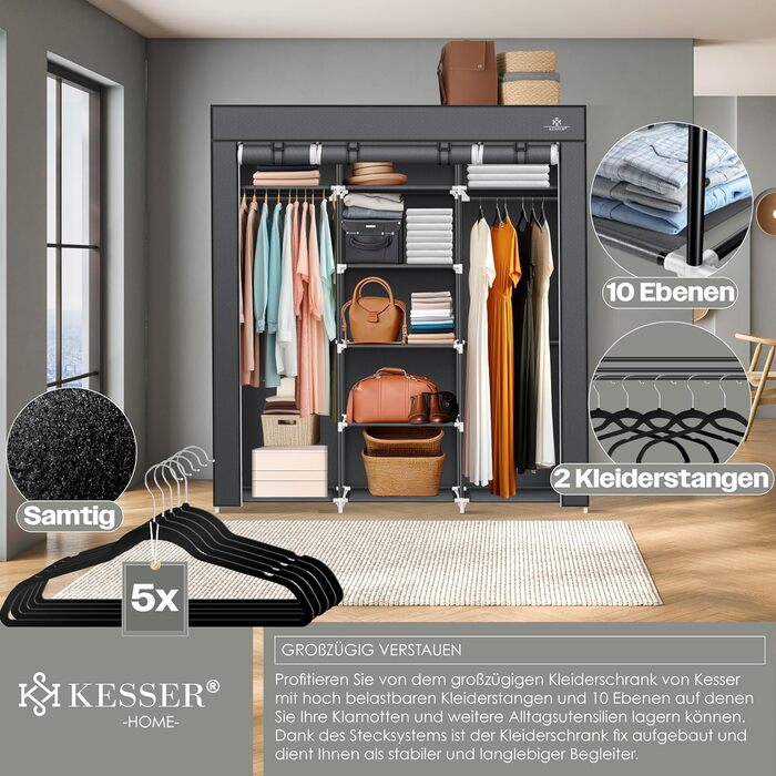 KESSER® Wardrobe Clothes Rack Stable with Clothes Rail & Shelves, Incl. 5x Clothes Hangers, Fabric Folding Wardrobe for Bedroom, Dressing Room Closet with Clothes Stand 150x45x175cm (Anthracite)