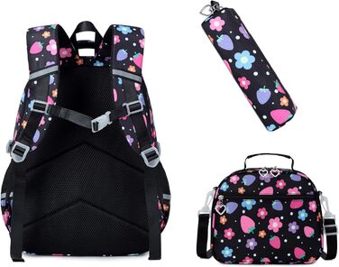 Шкільний рюкзак для дівчинки-підлітка вінтажний, набір. Квітковий дизайн, рюкзак для ноутбука, шкільні сумки для жінок. Підходить для школи, подорожей. У комплекті: ланч-бокс та пенал. Колір: полуниця, чорний