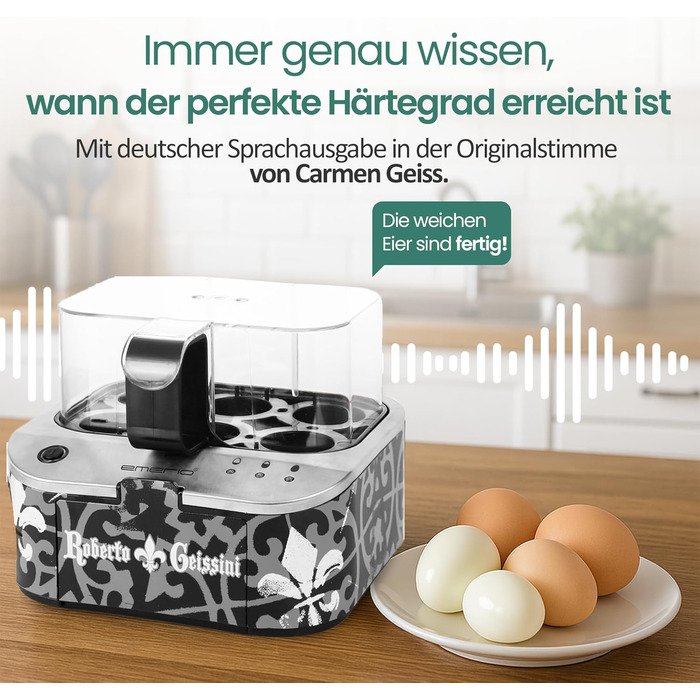 Електричний яйцеварка Roberto Geissini з голосом Carmen Geiss | Limited Edition від EMERIO | 3 ступені нагріву (м'який, середній, твердий)