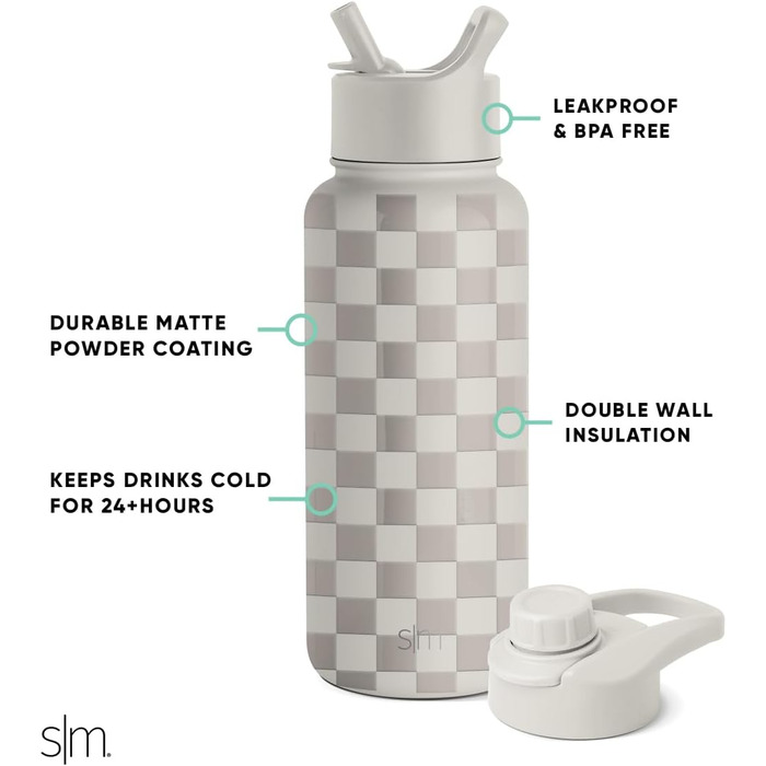 Simple Modern Trinkflasche mit Strohhalm und Chug-Deckel | Stainless Steel Insulated Water Bottle with Straw and Chug Lid for Sports Gym | Summit | 950ml | Checkmate