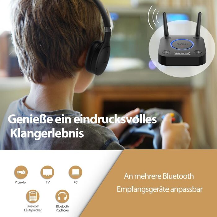 1Mii B06TX Bluetooth 5.2 Передавач для ТВ з aptX HD та низькою затримкою, велика дальність дії, аудіоадаптер для 2 навушників або динаміків, 3,5mm AUX/Оптичний/Коаксіальний вихід, регулювання гучності