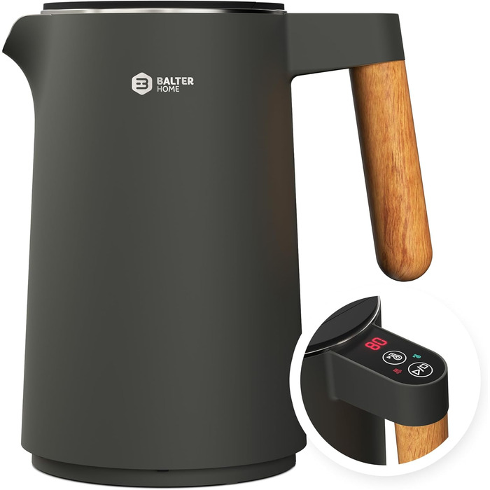 BALTER Stainless Steel Kettle with Temperature Setting, 45°C-100°C, Double-Walled, BPA Free, Quiet & Cordless, Keep Warm Function, Tea Kettle with Temperature Display, 1.5L, 2200W, Black (Blue Gray)