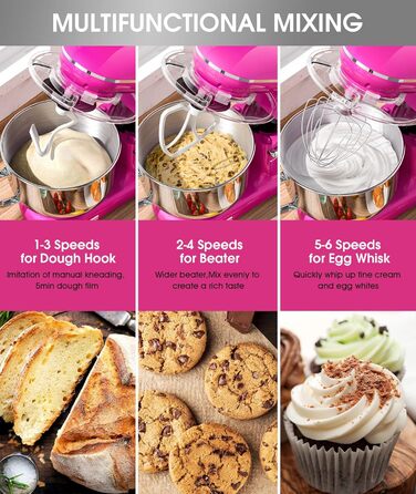 Кухонна машина Facelle 1500W з нержавіючою чашею 6.2L, 6 швидкостей, з міксером, гаком для тіста та вінчиком, захистом від бризок (фіолетова)