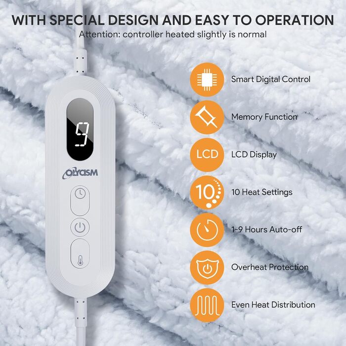 Електрична ковдра Olycism з автовимкненням 160x130 см, 10 режимів нагріву, таймер, захист від перегріву, блакитна