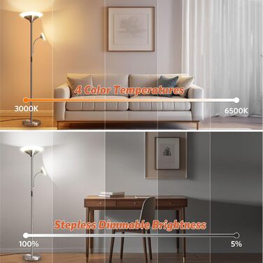 LED торшер BBHome для вітальні з регулюванням яскравості та лампою для читання, 3000K-6500K, з пультом та сенсором, срібний