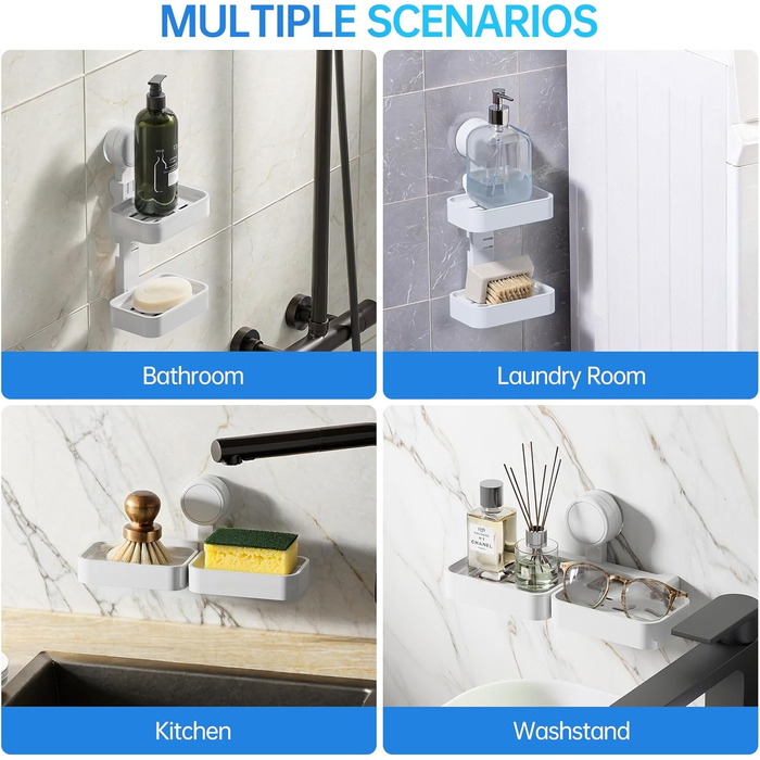 Миска для мила з двошаровою конструкцією та присоском, милотримач на стіну без свердління, милотримач для душу з піддоном, білий, 2 яруси