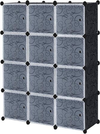 UISEBRT DIY Plastic Wardrobe System - Storage Shelf Wardrobe Closet Shoe Rack Plastic Boxes, 12 Boxes with Doors, Black with Pattern