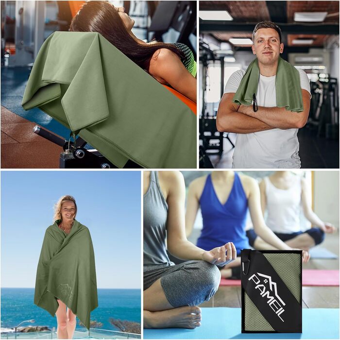 Набір рушників з мікрофібри Pameil (3 шт.): великий (160x80 см) + 2 маленькі (80x40 см), швидковисихаючі, для подорожей, спорту, сауни, армійного кольору