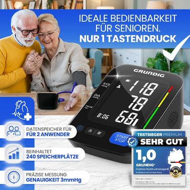 Тонометр GRUNDIG для вимірювання артеріального тиску на плечі - високоточний, простий у використанні, з визначенням аритмії та оцінкою ризику, контроль положення манжети (без батарей)