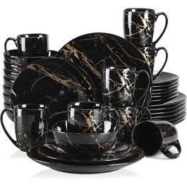 LOVECASA Sweet: Сервіз Porzellan Daphne, 32 елементи, чорний колір. Комплект тарілок, мисок та чашок для 8 осіб з золотим декором.