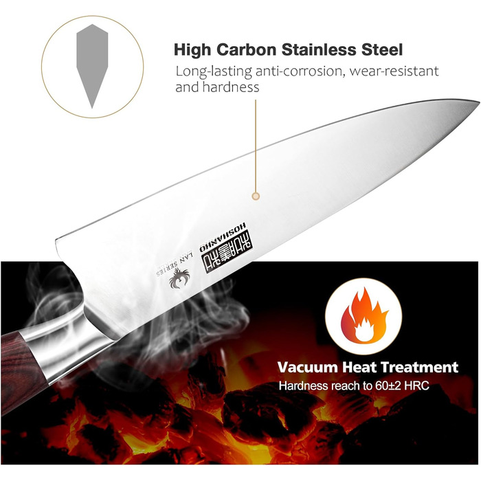 HOSHANHO 20 см кухонний ніж для приготування їжі, професійний японський шеф-ніж з нержавіючої сталі з вуглецевим покриттям та ергономічною дерев'яною ручкою
