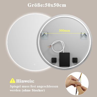 Дзеркало для ванної кімнати з підсвіткою LED, антизапітніння, сенсорне керування, регулювання яскравості, 3 кольори світла, функція пам'яті, захист від вибуху, кругле дзеркало 50 см