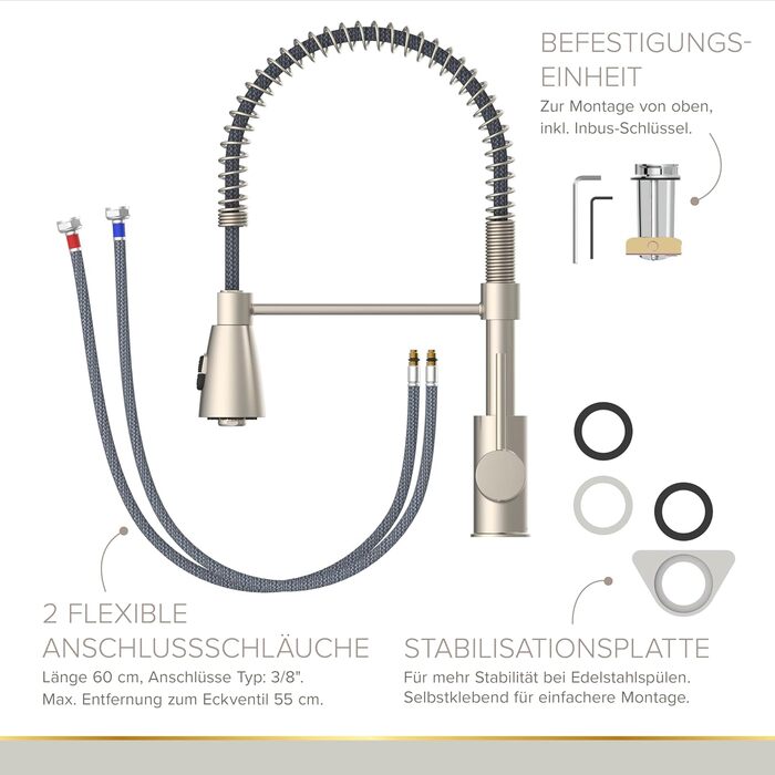 Кухонний змішувач Lenz KALANI² з нікелевим покриттям та висувною лійкою – високий тиск, проста установка, преміум-якість