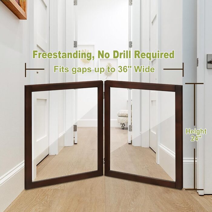 Дерев'яне перегороджувальне ґратка для собак, 4 панелі, широка, 76,2 см, складна, бар'єр для тварин, масивне дерево та сталевий дріт, захисне ґратка для дверей, коридорів, 30'Height-4 Panel (24'Height-2 Panel, Коричневий)