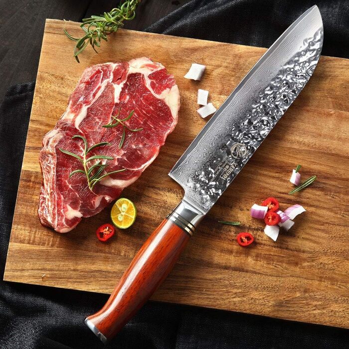 Кухонний ніж Santoku YARENH 18 см з дамаської сталі 73 шари, гострий, дерев'яна ручка, серія HTT