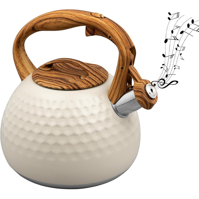Чайник для плити, 3 л, нержавіюча сталь, з ручкою з деревом, чайник-свисток для індукційних, газових та електричних плит (білий)