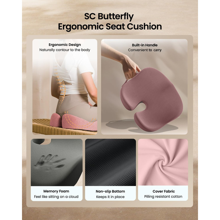 Ортопедична подушка для сидіння ProtoArc для офісного крісла: ергономічна, з піною Memory Foam, для рівномірного розподілу тиску, для комфорту протягом дня (роликове крісло, автомобіль) (Рожевий, Великий)