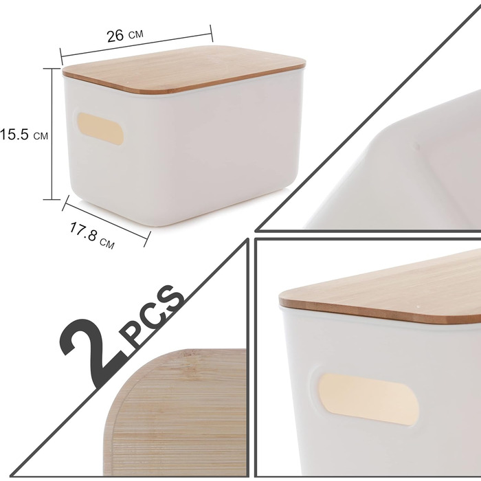 Kerhouze 2 PCS Storage Box with Bamboo Lid White Storage Plastic Box for Organization Stackable Storage Boxes with Handle for Kitchen Bathroom 38.4 * 27 * 15.2cm, 13L (2PACK 6.5L)
