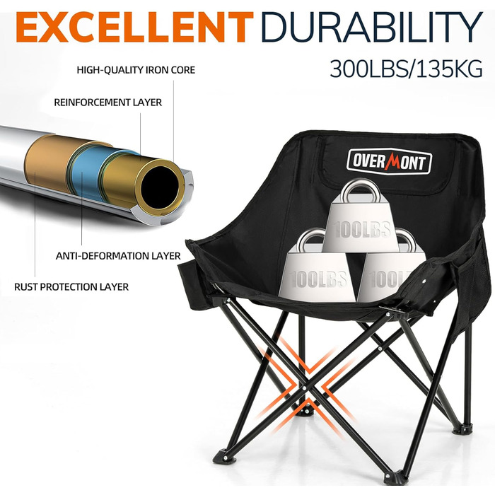 Набір складних кемпінгових стільців OVERMONT (2 шт.) до 135 кг з сумкою для транспортування - для саду, балкону, пляжу, риболовлі, чорний