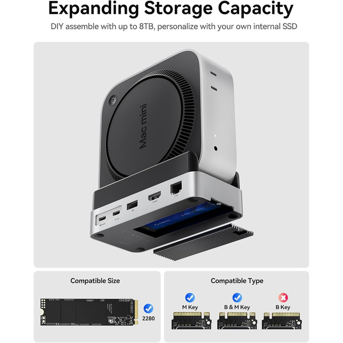 ORICO MiniDock VS10: Док-станція та підставка для Mac mini M4/M4 Pro з корпусом для NVMe SSD, хаб USB-C з 4K HDMI, DisplayPort, SD/TF 3.0, USB-C/A 10Gbps, PD 100W, 10-в-1, DIY