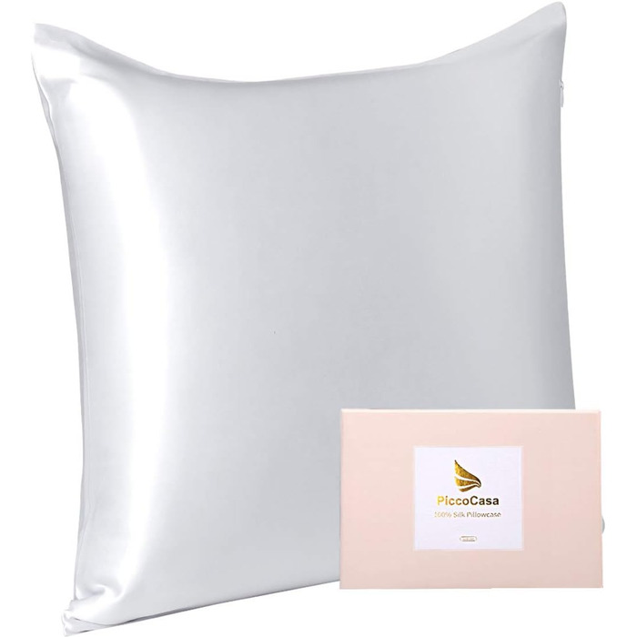 PiccoCasa Seide Pillowcase 80x80 100% Silk Pillowcase 22 Momme Pillow Cover Hair and Skin Care with Zipper & Gift Box Silver Gray 80x80cm