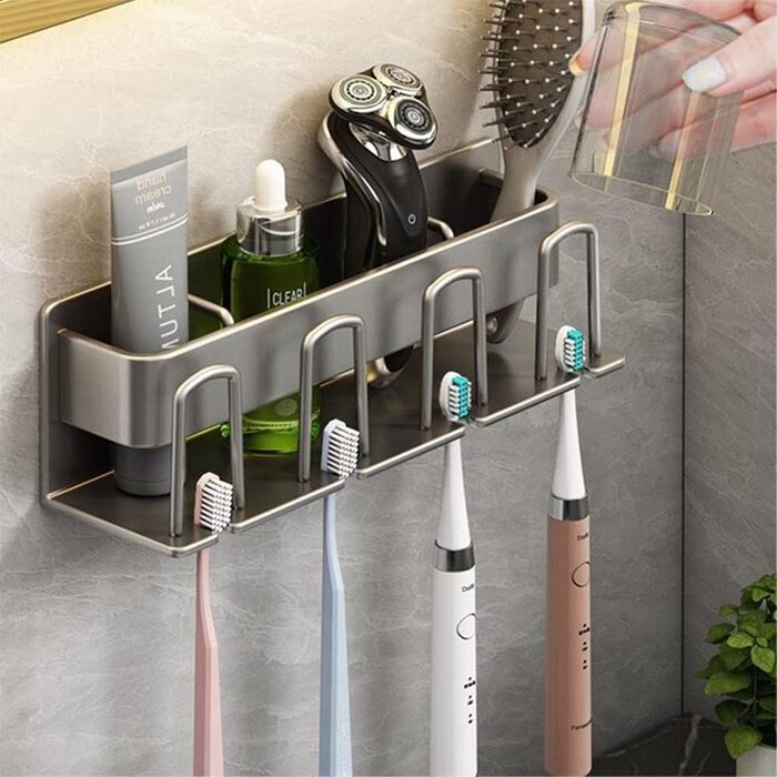 Electric Toothbrush Holder Wall Toothbrush Holder Adhesive Without Drilling for Bathroom, Space Aluminum, Hand Toothbrush, Toothpaste, Cup Storage (Gray)