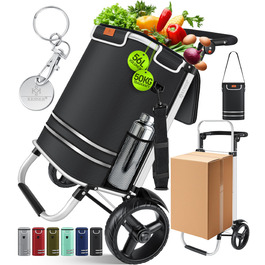 Кесер® Розкладний візок для покупок 56л з вантажопідйомністю до 50кг | 3в1 візок-мішок-сумка через плече | Розкладний візок з ізольованим відділенням та органайзером | Сходинки для підйому сходами, чорний