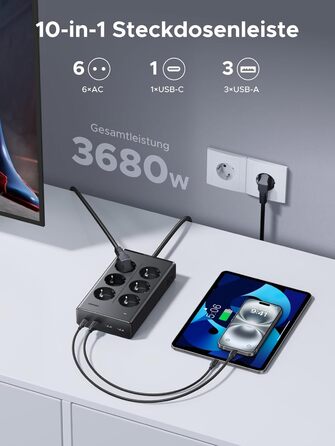 Мережевий фільтр UGREEN 10-в-1 з USB, подовжувач з 20W швидкою зарядкою USB-C, захист від перенапруги, 3680 Вт, кабель 1.5 м, для офісу та дому