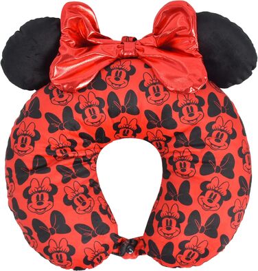 Подушка для шиї Disney Minnie Mouse з 3D-вушками та бантиком для подорожей (літак, авто, офіс), червоно-чорна, One Size