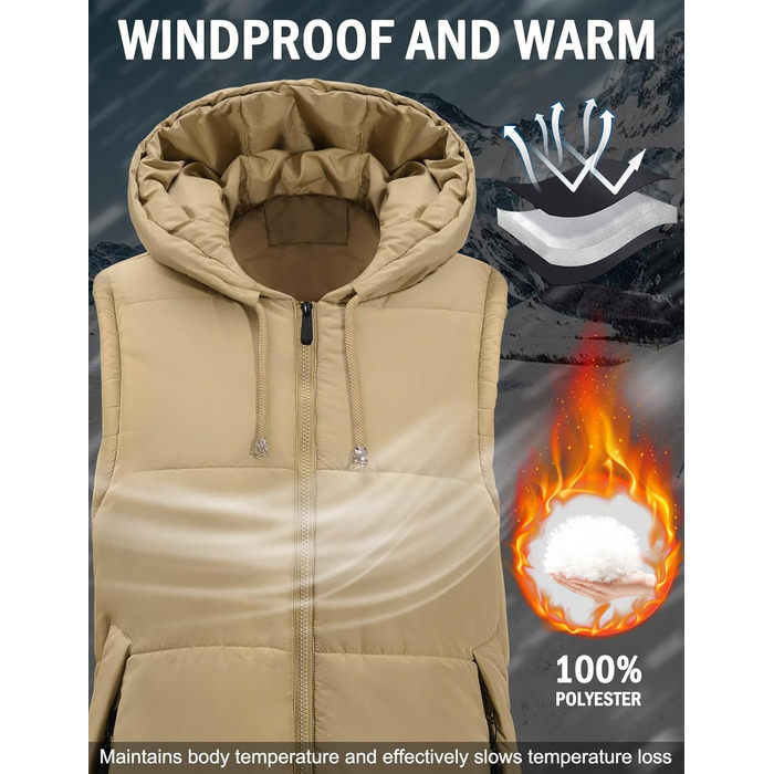Тепла зимова жилетка Vancavoo з капюшоном, XXL, хакі. Легка стьобана жилетка з пуху для жінок та чоловіків. Перехідна куртка-жилетка на осінь/зиму.