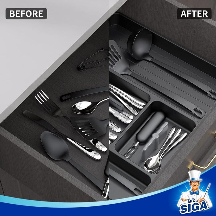 MR.SIGA Expandable Cutlery Box for Drawers, Utensil Holder Kitchen, Adjustable Cutlery Organizer for Cutlery, Kitchen Gadgets and Cooking Accessories, Black