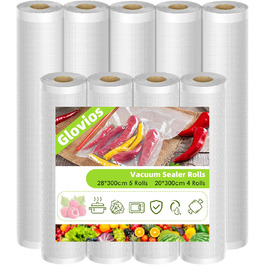 Вакуумні пакети Glovios, 9 рулонів вакуумної плівки 28/20 x 300 см, харчові пакети для вакууматора, підходять для пакувальної машини, термостійкі, для Sous Vide та зберігання їжі