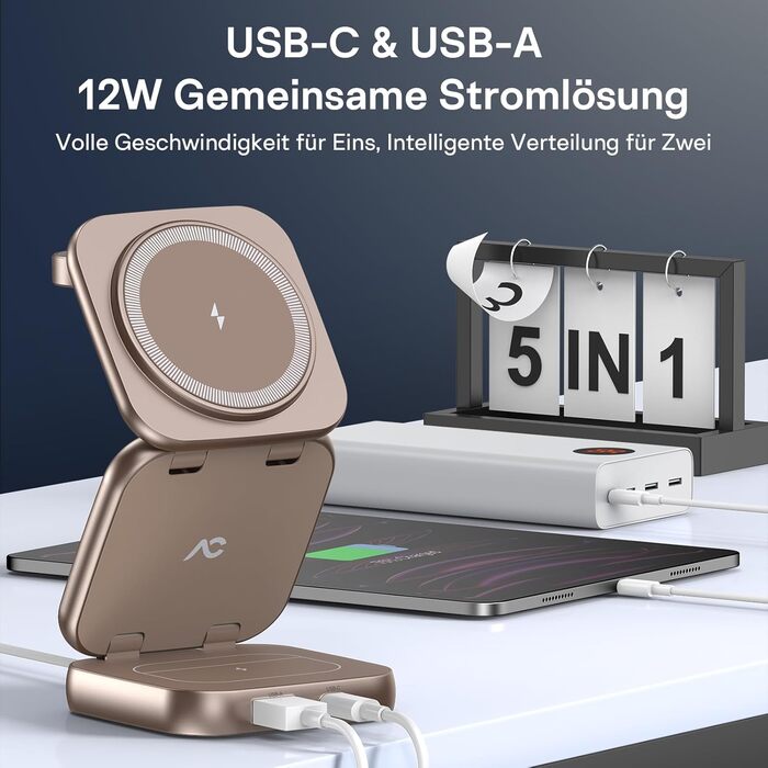 Зарядна станція 5 в 1 для iPhone з підтримкою магнітного зарядного пристрою, складна для подорожей, бездротовий зарядний пристрій для iPhone 17/16/15/14/13/12, AirPods Pro 3, Apple Watch S11/Ultra (Titan Wüstensand), 2026