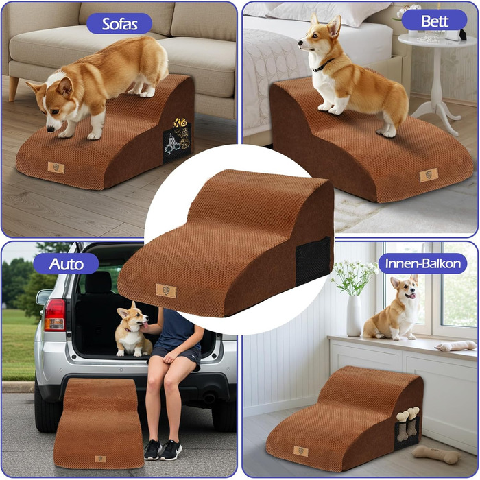 Сходинки для собак Eukue - 2 сходинки для маленьких собак, для ліжка та дивану, з високощільним пінополіуретаном, портативні, знімний, пральний чохол (білий) (коричневий)