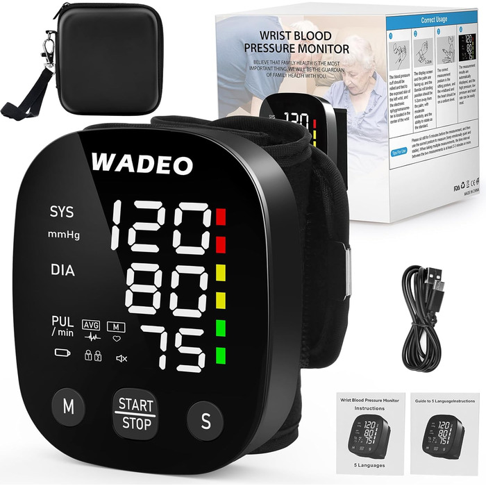 Цифровий тонометр WADEO на зап'ясті, мовлення 5 мовами, виявлення аритмії, портативний тонометр для дому та подорожей, 2 x 99 пам'ять, з батарейками та коробкою для зберігання, білий (чорний)