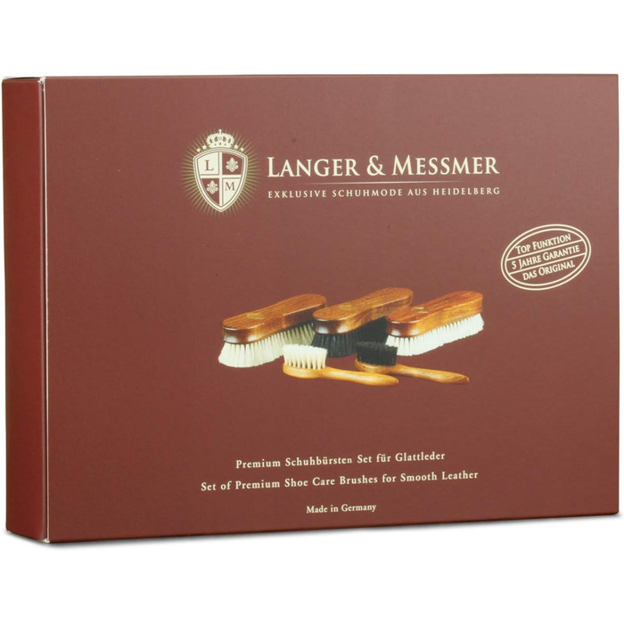 Langer & Messmer 4-Piece Shoe Brush Set made of Horsehair for professional shoe care of smooth leather shoes - includes polishing brushes and cream brushes (5-piece set, Premium)