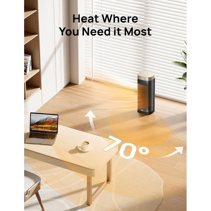 Dreo Heater - Energy-Saving, Quiet, 2000W Ceramic Heater with Thermostat, 12-Hour Timer, 3 Modes, 70° Oscillation, 16 Inch Electric Heater for Rooms, Overheat and Tip-Over Protection, Solaris Slim H2, Gold