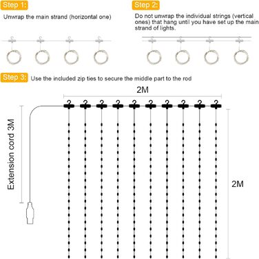 Ланцюжок LED-ліхтариків 2x2м, 200 LED, USB, тепле біле світло для декору свята, вечірки, Рамадану, весілля, кімнати