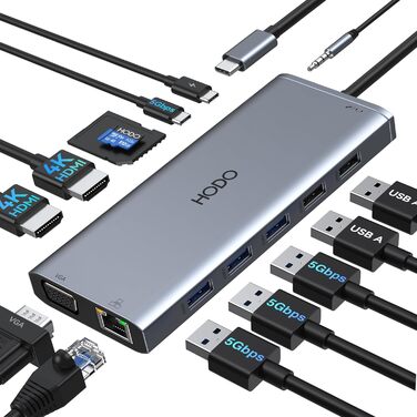 Док-станція USB-C з підтримкою двох моніторів, 14 в 1 для ноутбука: HDMI, VGA, Ethernet, PD, USB, SD/TF, Аудіо