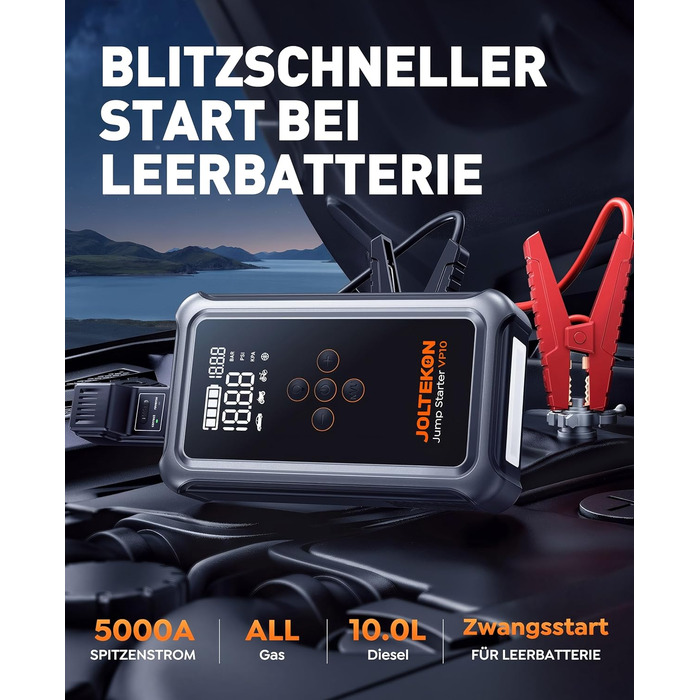 Powerbank Starthilfe 5000A з компресором 150PSI для автомобілів, 12V, бензин/дизель (10.0L), LED, USB-C