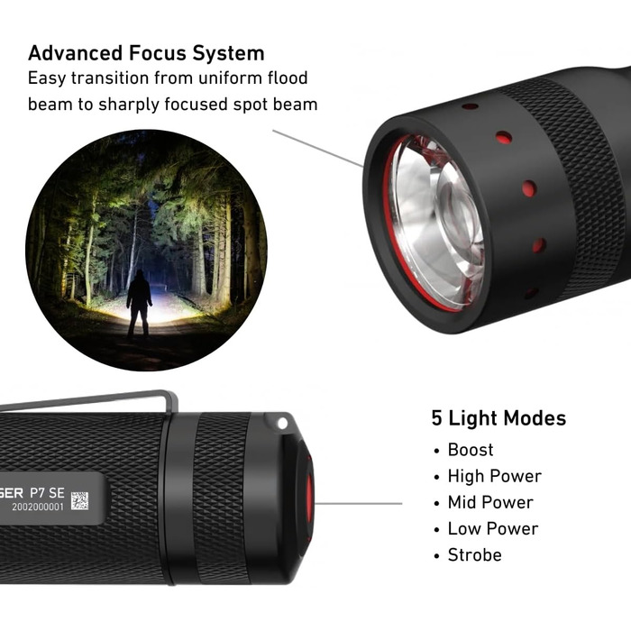 Ledlenser P7 SE LED Flashlight | Led Battery Flashlight Focusable | All-Around Light with 500 Lumens | Lamp with Advanced Focus | 320 Meter Beam Distance | 25 Hours of Run Time | Strobe Mode