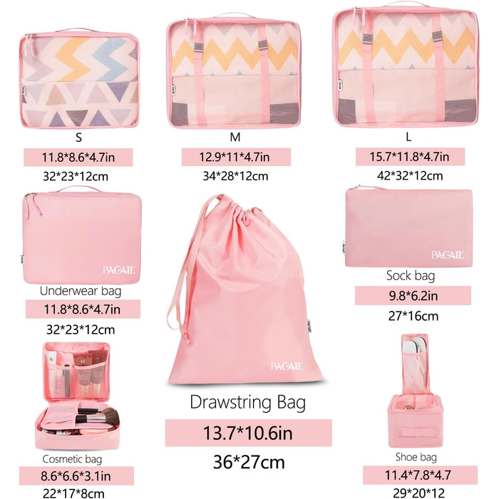 Набір органайзерів для валізи BAGAIL (8 шт.), рожевий