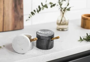 Birsppy Fair Trade Kitchen Utensils Salt and Pepper Shaker Set Marble with Spoon and Lid Salt Pot Stone