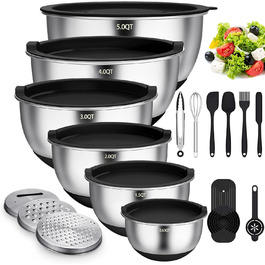 Mixing Bowl Set of 6, Stainless Steel Bowl Salad Bowl Set with Lid & Silicone Bottom, 3 Grater Attachments, 4.7l/3.8l/2.8l/1.9l/1.4l/0.6l, Non-Slip & Stackable - Black